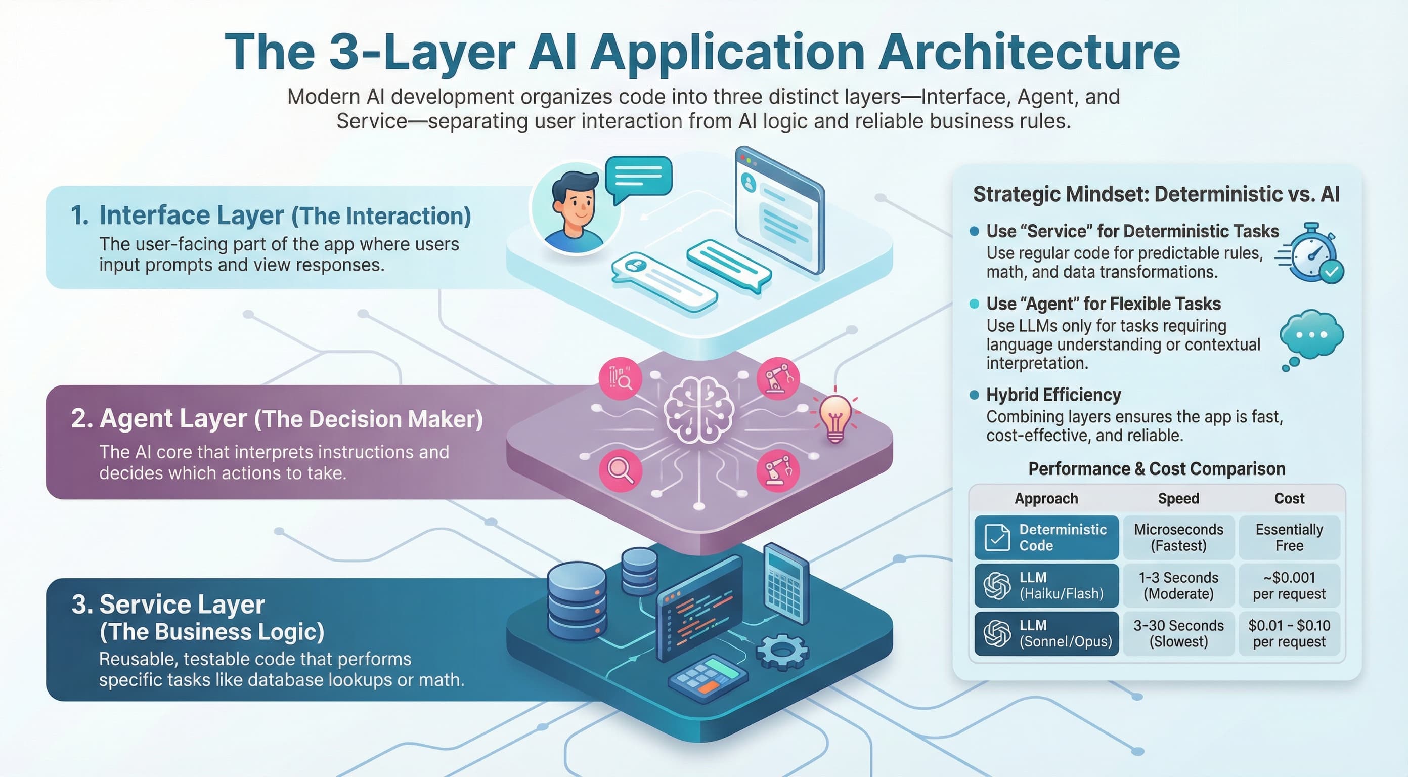 3-Layer AI Application Architecture: Interface Layer, Agent Layer, and Service Layer