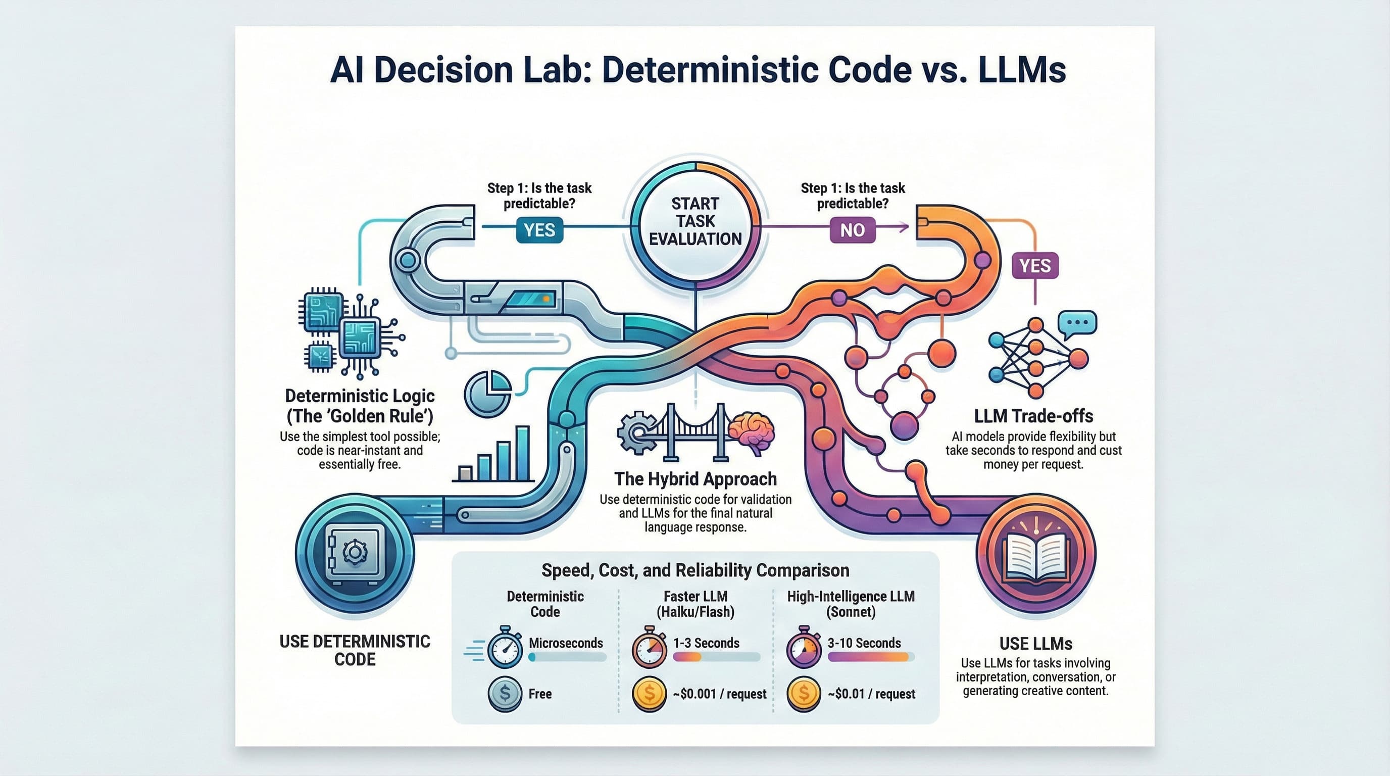 AI Decision Lab: Deterministic Code vs LLMs - flowchart showing when to use each approach